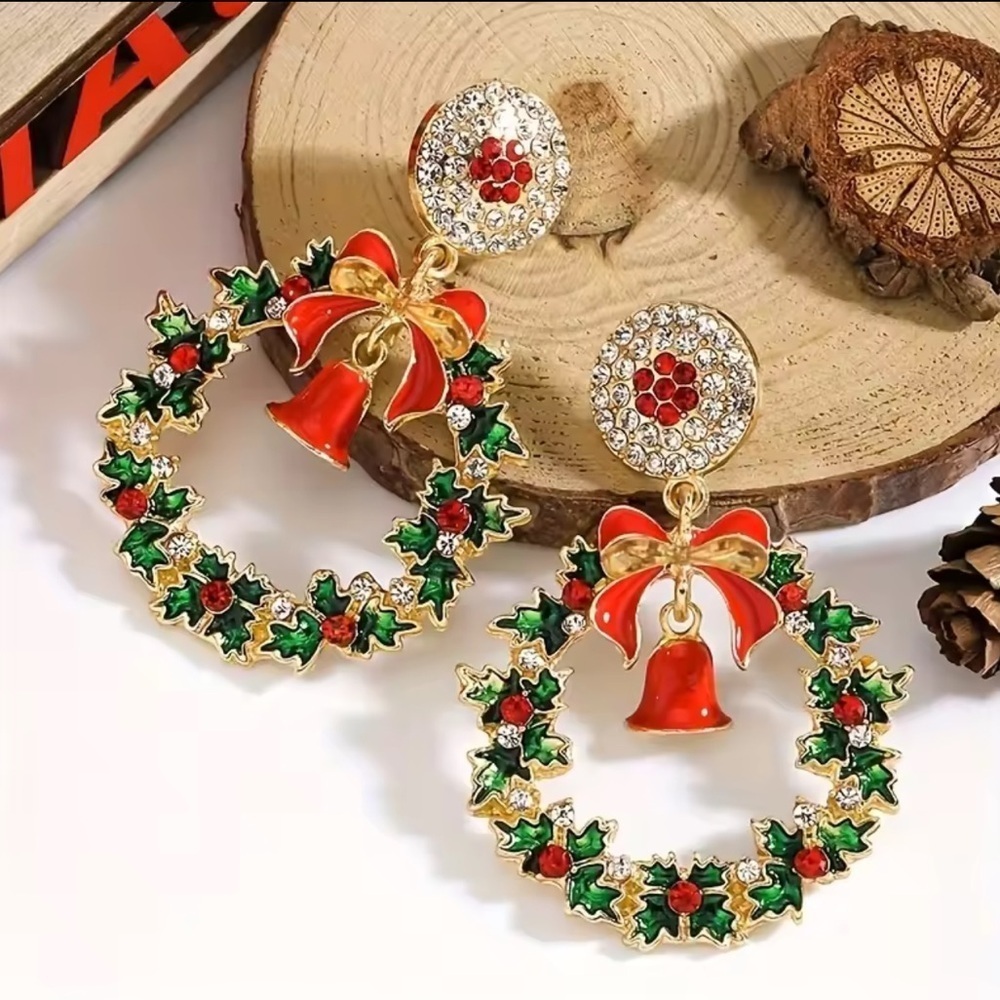 Christmas Wreath Earrings with Red Bell & Bow Holiday Statement Jewelry